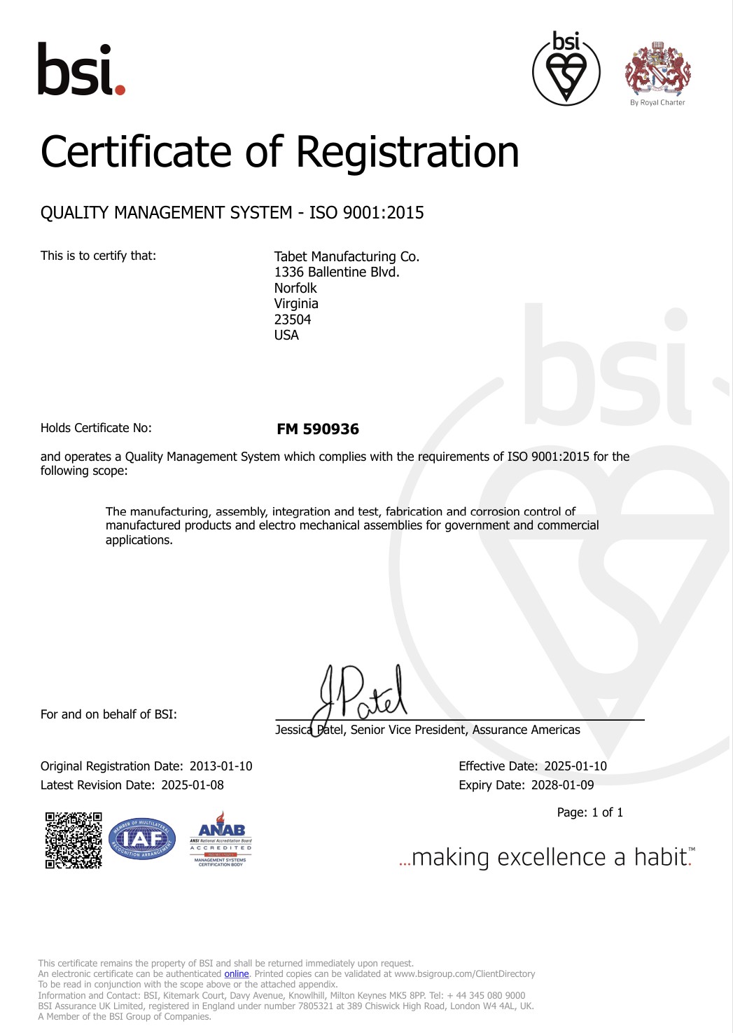Tabet Manufacturing ISO 9001:2015 BSI Certificate of Registration